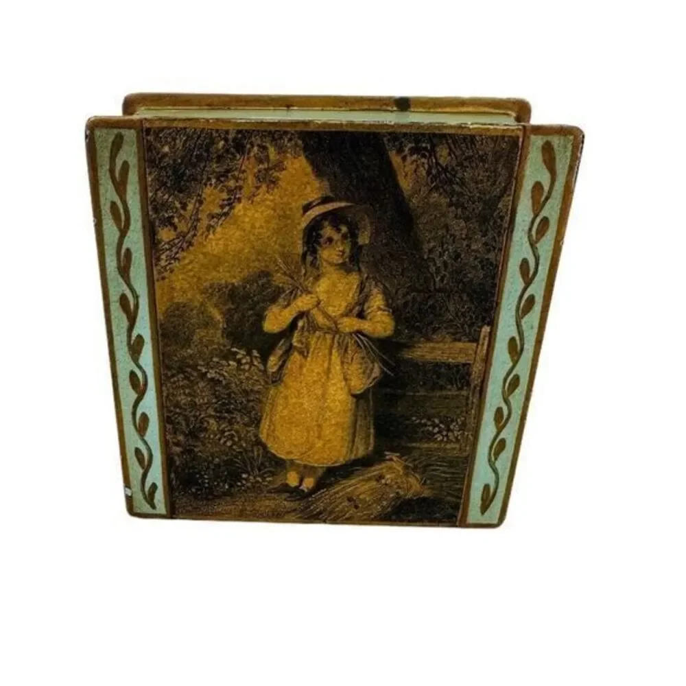 Vintage Hinged Metal Trinket Jewelry Box Blue/Green With Gold Trim  3.75